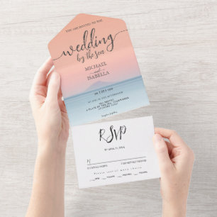 Wedding by the sea under peachy sky sunset all in one invitation