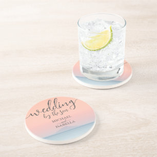 Wedding by the sea under peachy sky sunset coaster