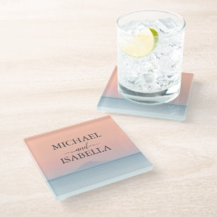 Wedding by the sea under peachy sky sunset glass coaster