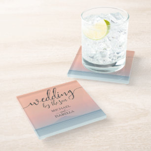 Wedding by the sea under peachy sky sunset glass coaster