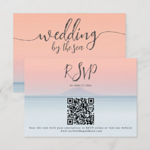 Wedding by the sea under peachy sky sunset RSVP card