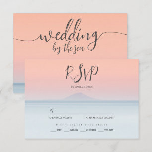 Wedding by the sea under peachy sky sunset RSVP card