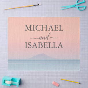 Wedding by the sea under peachy sky sunset tissue paper