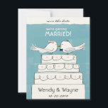 Wedding Cake Birds Bride & Groom Save the Date<br><div class="desc">Cute white birds bride and groom kiss on top of four tiered wedding cake. A sweet wedding save the date announcement that can be easily personalised with your own names and information. These love birds invitations are part of a wedding theme collection by Jenn’s Doodle World.</div>