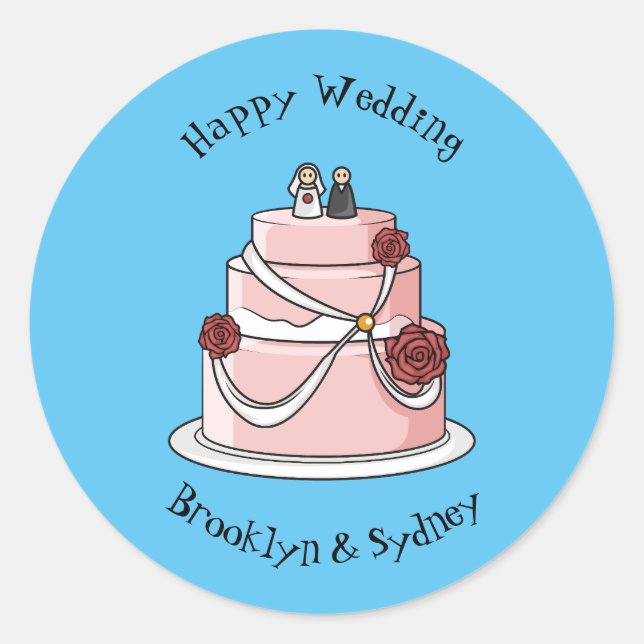Wedding cake cartoon illustration classic round sticker (Front)