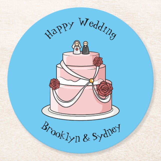 Wedding cake cartoon illustration round paper coaster (Front)
