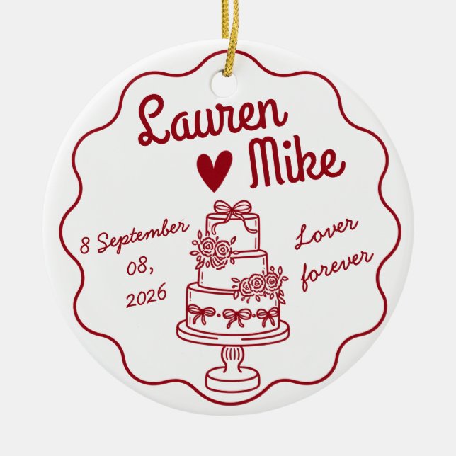 Wedding Cake Couple Names & Date Ceramic Tree Decoration (Front)