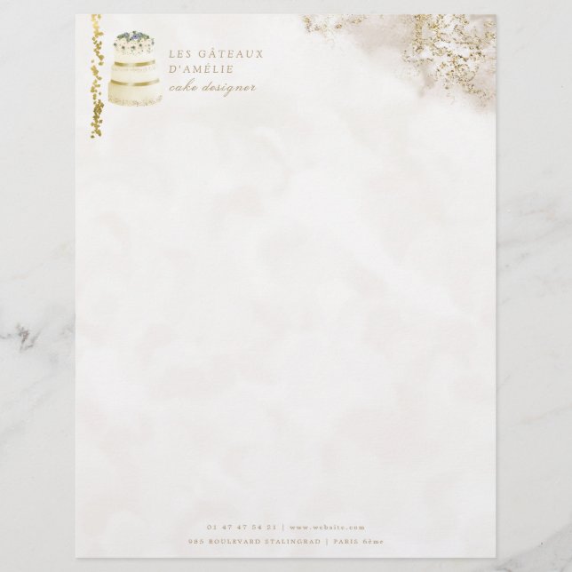 Wedding Cake Designer Bakery Gold Marble Custom Letterhead (Front)