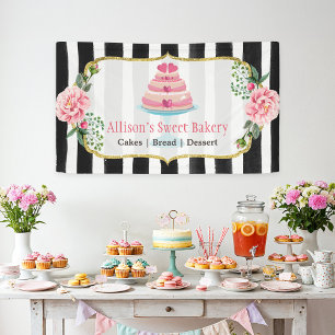 Wedding Cake Designer Gold Pink Floral Striped Banner
