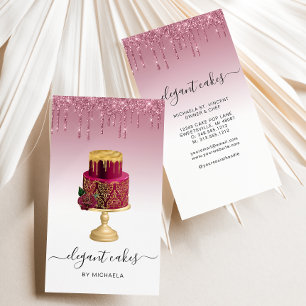 Wedding Cake Glitter Drip Burgundy Bakery Business Card