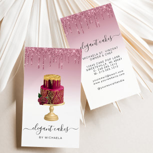 Wedding Cake Glitter Drip Burgundy Bakery Business Card