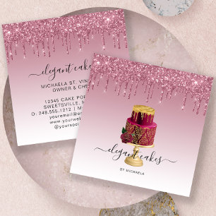 Wedding Cake Glitter Drip Burgundy Bakery Square Business Card