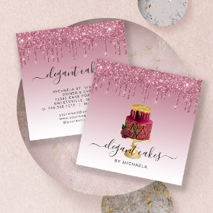 Wedding Cake Glitter Drip Burgundy Bakery Square Business Card