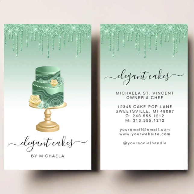 Wedding Cake Glitter Drip Mint Green Bakery Business Card (Creator Uploaded)