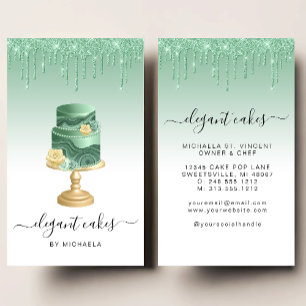 Wedding Cake Glitter Drip Mint Green Bakery Business Card