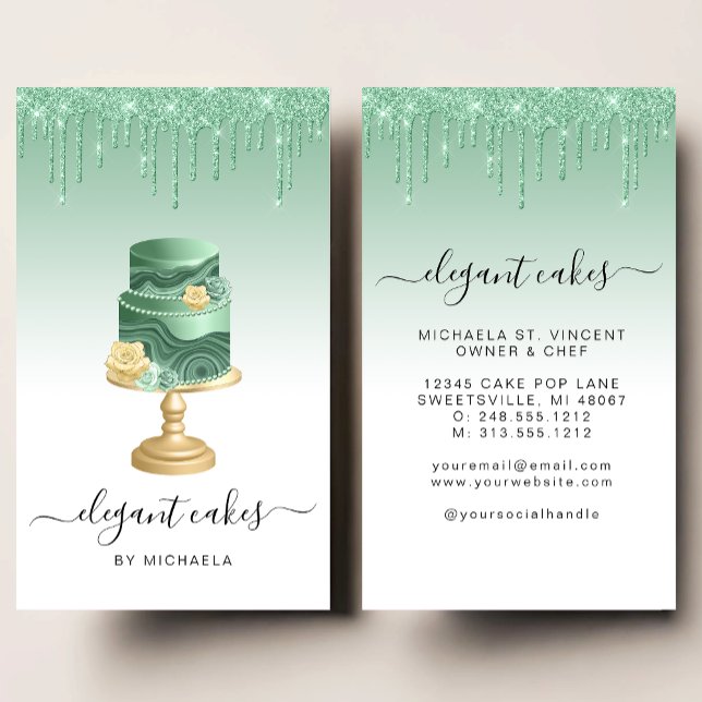 Wedding Cake Glitter Drip Mint Green Bakery Business Card (Creator Uploaded)