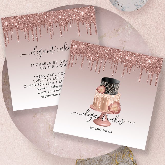 Wedding Cake Glitter Drip Rose Gold Bakery Square Business Card (Creator Uploaded)