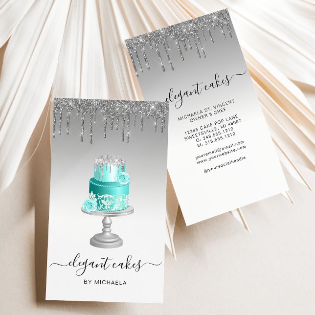 Wedding Cake Glitter Drip Silver Turquoise Bakery Business Card (Creator Uploaded)