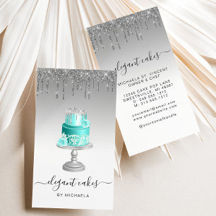 Wedding Cake Glitter Drip Silver Turquoise Bakery Business Card