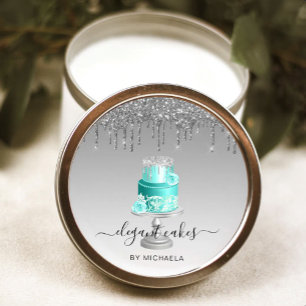 Wedding Cake Glitter Drip Silver Turquoise Bakery Classic Round Sticker