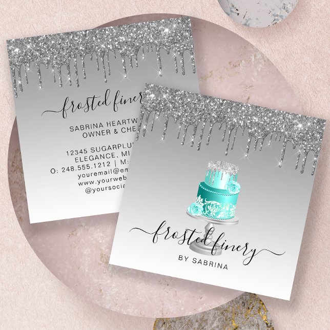 Wedding Cake Glitter Drip Silver Turquoise Bakery Square Business Card (Creator Uploaded)