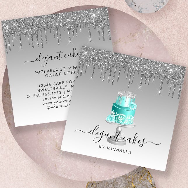 Wedding Cake Glitter Drip Silver Turquoise Bakery Square Business Card (Creator Uploaded)