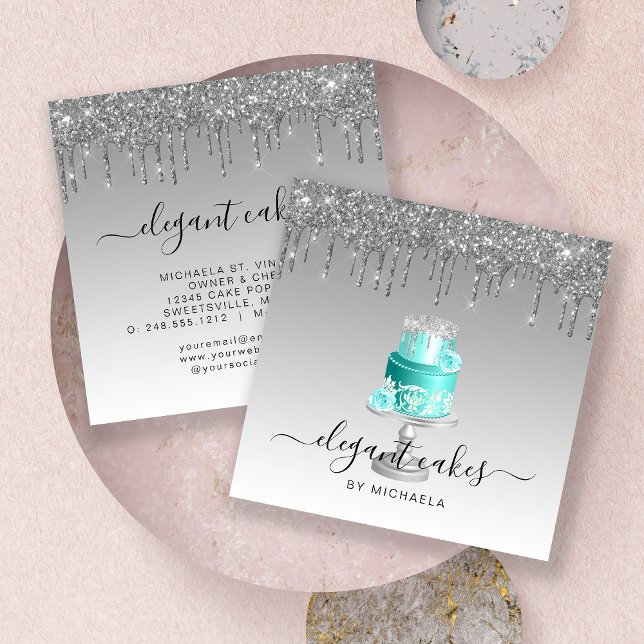 Wedding Cake Glitter Drip Silver Turquoise Bakery Square Business Card (Creator Uploaded)