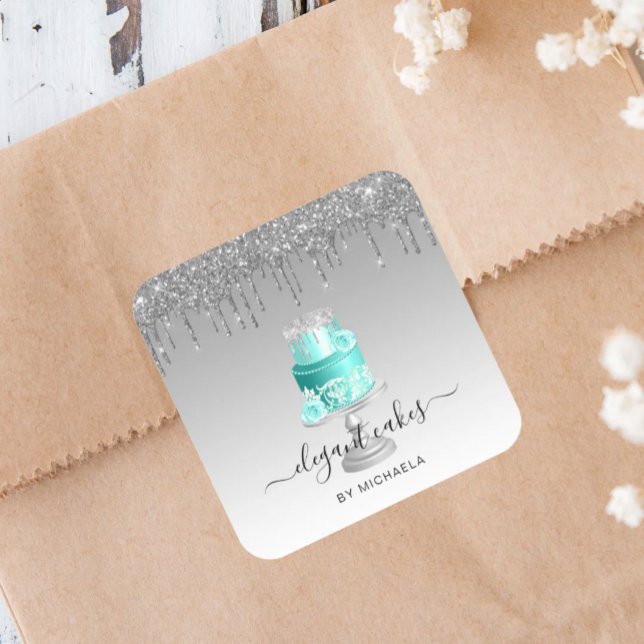 Wedding Cake Glitter Drip Silver Turquoise Bakery Square Sticker (Creator Uploaded)