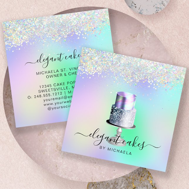 Wedding Cake Holographic Glitter Bakery Square Business Card (Creator Uploaded)