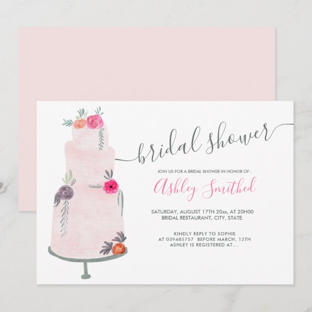 Wedding cake pink floral watercolor bridal shower invitation (Front/Back)