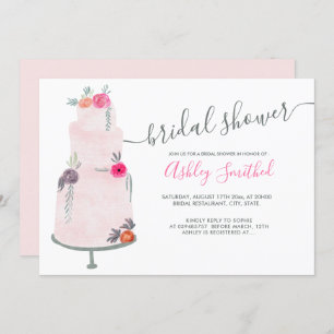 Wedding cake pink floral watercolor bridal shower invitation