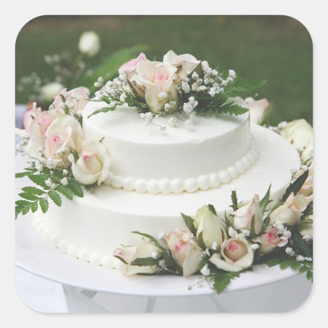 Wedding Cake Square Sticker (A beautifully decorated wedding cake adorned with delicate roses and greenery.  )