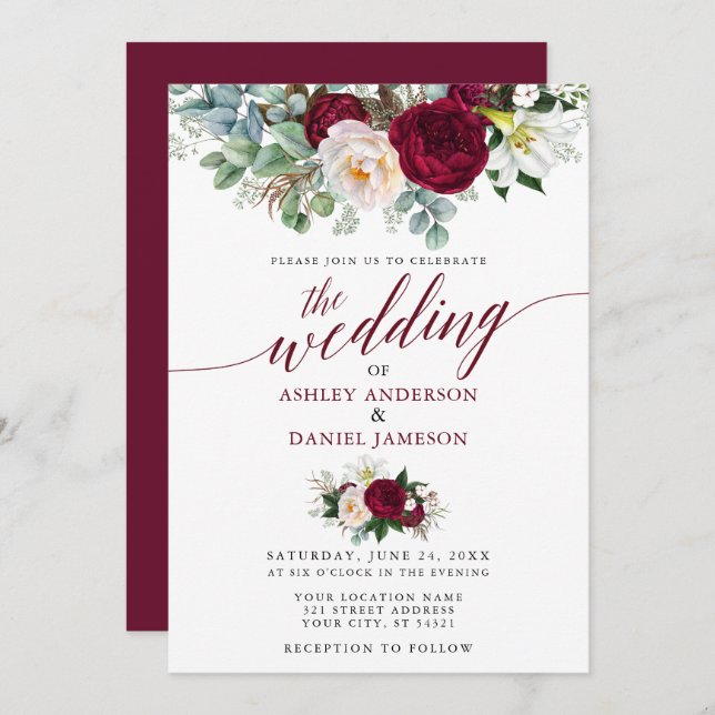 Wedding Calligraphy Burgundy Floral Greenery B Invitation (Front/Back)