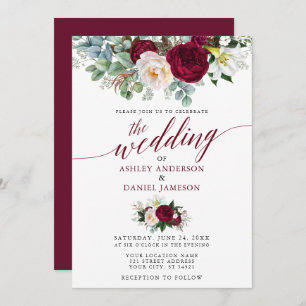 Wedding Calligraphy Burgundy Floral Greenery B Invitation