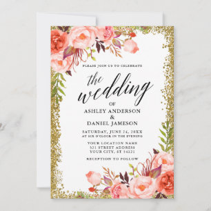 Wedding Calligraphy Coral Floral Gold Glitter Invitation