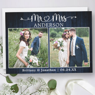 Wedding Calligraphy Heart Mr. Mrs. Blue Wood Thank You Card