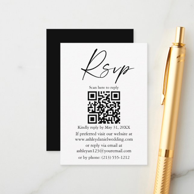 Wedding Calligraphy Ink Script QR Black RSVP Enclosure Card (Front/Back In Situ)