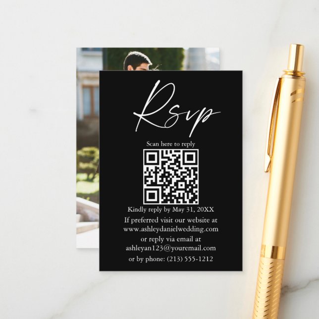 Wedding Calligraphy Ink Script QR Black RSVP Enclosure Card (Front/Back In Situ)
