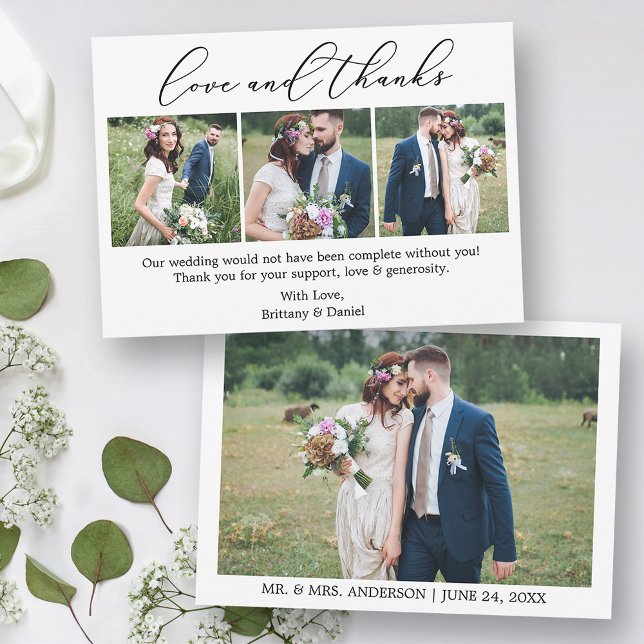 Wedding Calligraphy Love Modern Minimalist 4 Photo Thank You Card (Customize to change your personalized text size or text style.)