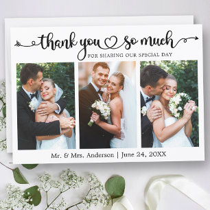 Wedding Calligraphy Script Heart 3 Photo Thank You Card