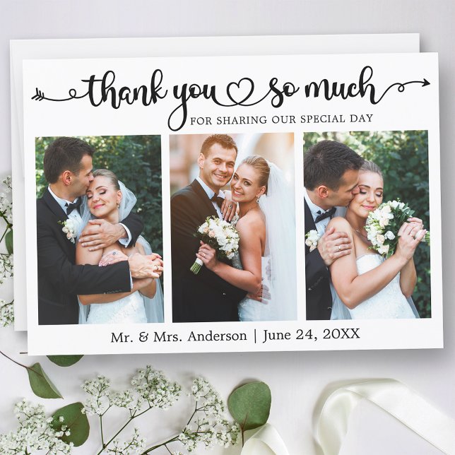 Wedding Calligraphy Script Heart 3 Photo Thank You Card (Customize to change your personalized text size or text style.)