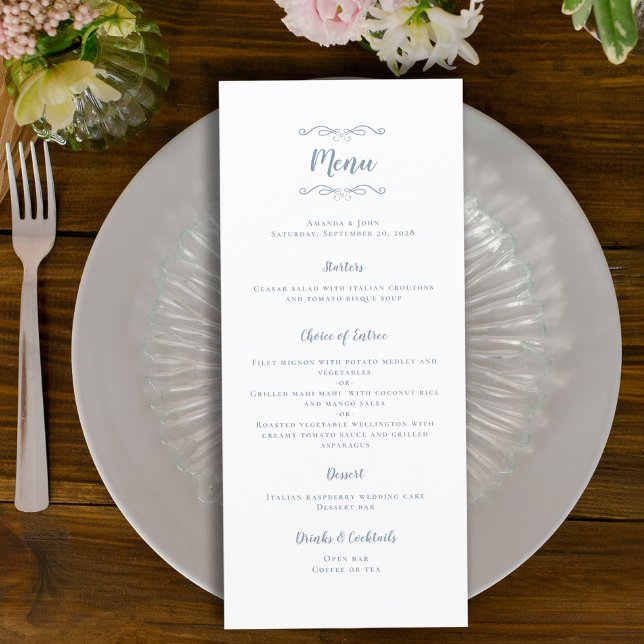 Wedding Calligraphy Trendy Dusty Blue Dinner Party Menu (Wedding Calligraphy Trendy Dusty Blue Dinner Party Menu)
