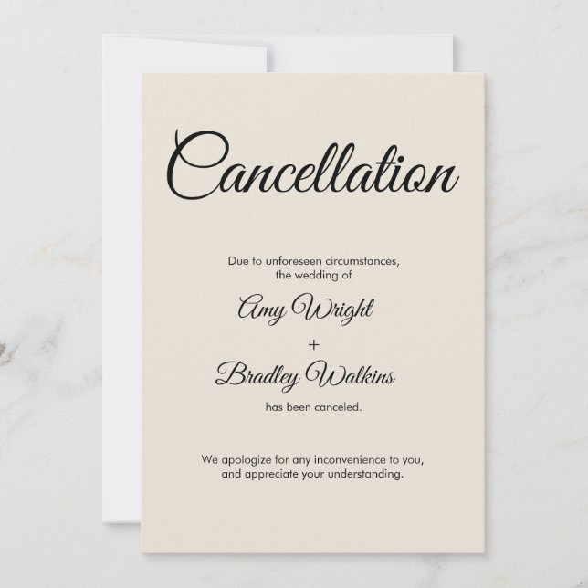 Wedding Cancellation Announcement Cream Card (Front)