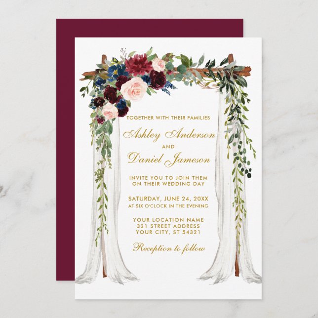 Wedding Canopy Arch Gold Watercolor Floral Invitation (Front/Back)