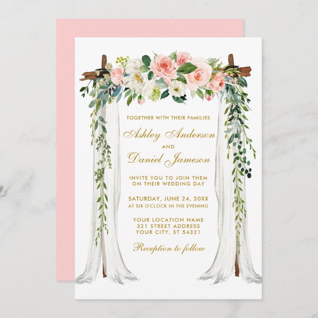Wedding Canopy Arch Watercolor Pink Floral Gold Invitation (Front/Back)