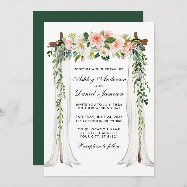Wedding Canopy Arch Watercolor Pink Floral Green Invitation (Front/Back)
