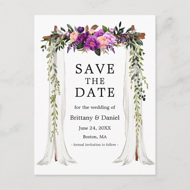 Wedding Canopy Arch Watercolor Purple Floral Announcement Postcard (Front)