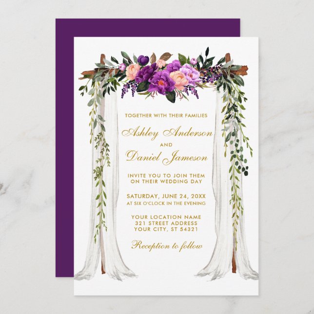 Wedding Canopy Gold Watercolor Purple Floral Invitation (Front/Back)