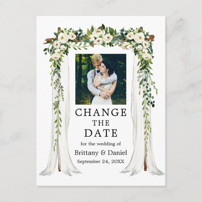 Wedding Canopy Green White Floral Change The Date Postcard (Front)