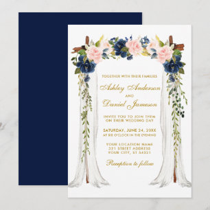 Wedding Canopy Watercolor Blue Pink Floral Gold Invitation
